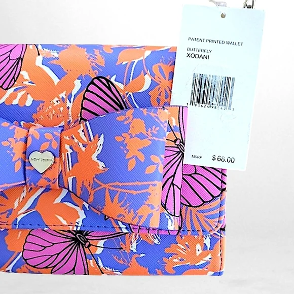 Betsey Johnson Crossbody Wallet Orange Blue Patent Printed Butterflies - Picture 7 of 8